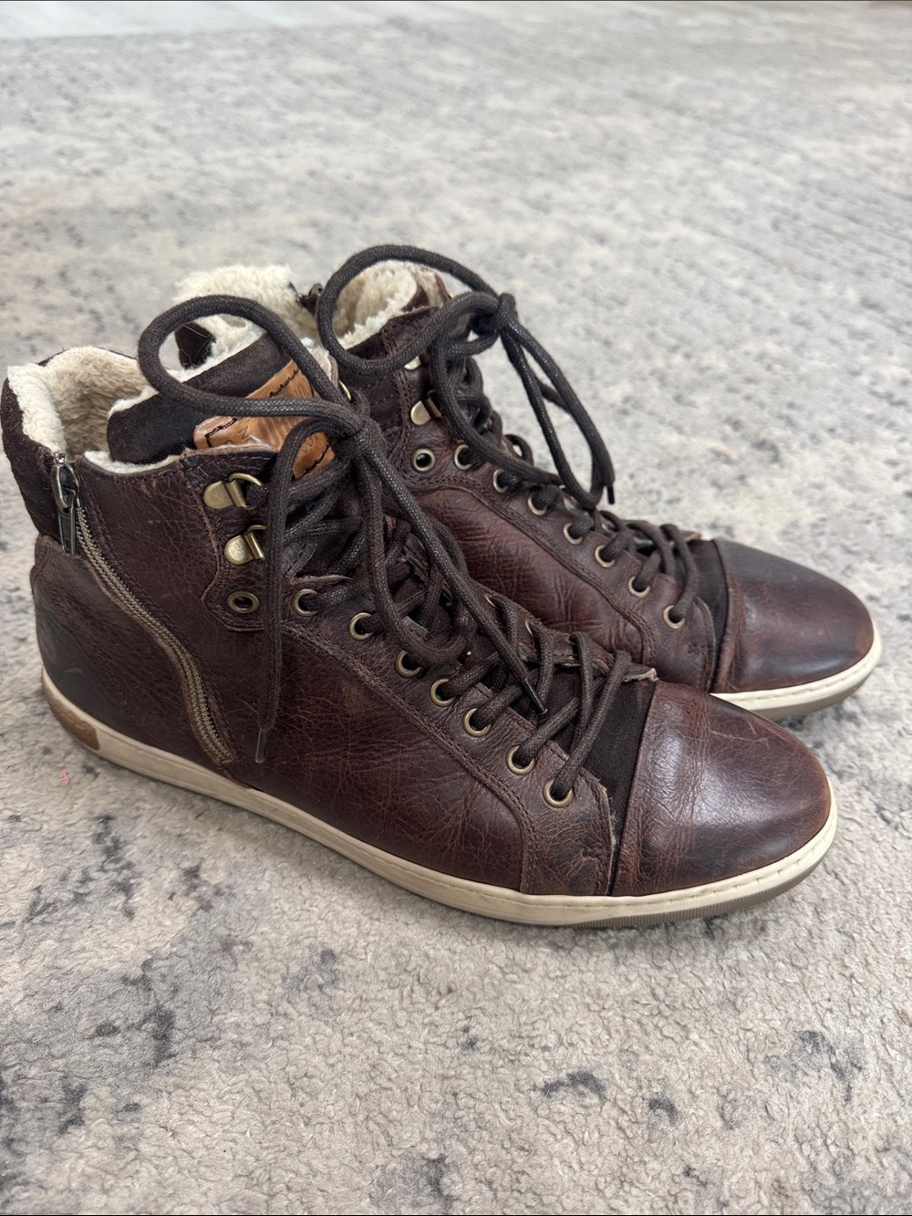 Men's Brown Leather High-Top Sneakers with Sherpa Collar